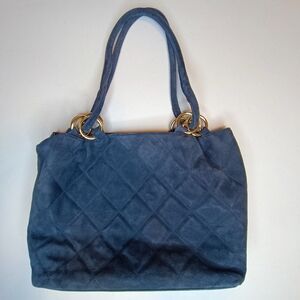 Vintage Indigo Blue Suede Quilted Tote Crossbody Bag With Gold Hardware